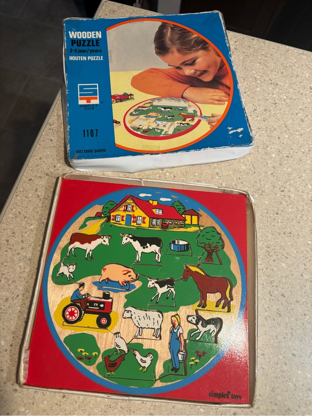 Vintage Simplex Toys Wooden Farm Puzzle - Red & Green